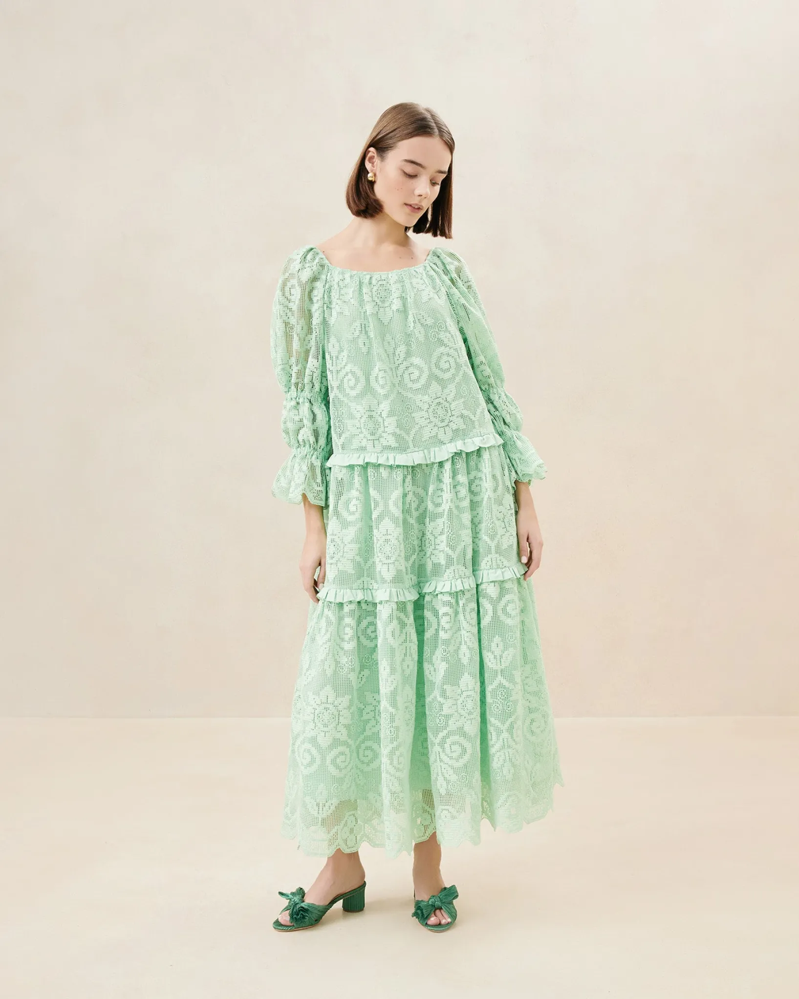 Discount Loeffler Randall Antoinette Tiered Lace Dress Sage