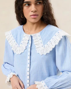 New Loeffler Randall Daisy Blue Broderie Collared Blouse Blue/Cream Stripe