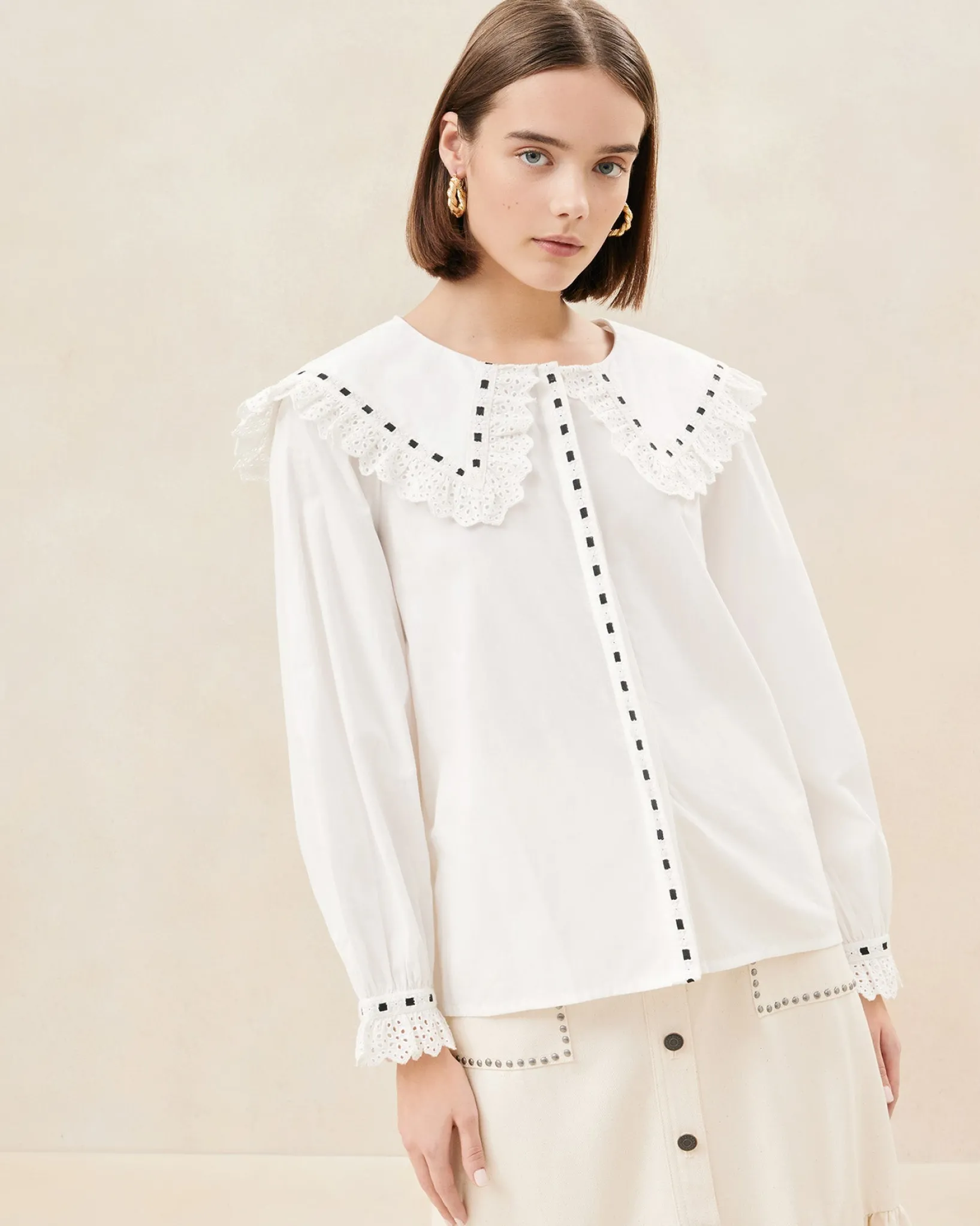 New Loeffler Randall Daisy Blue Broderie Collared Blouse Blue/Cream Stripe
