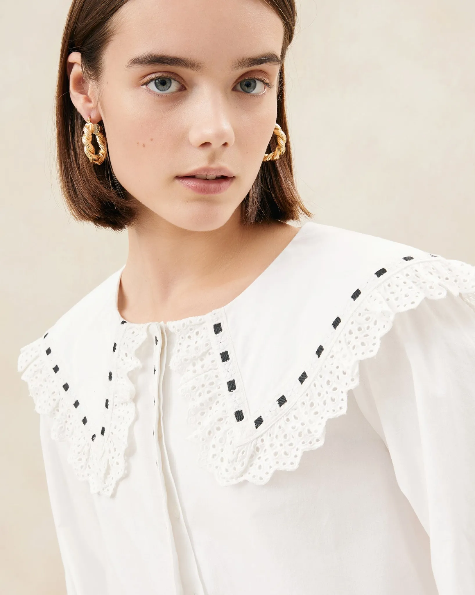New Loeffler Randall Daisy Blue Broderie Collared Blouse Blue/Cream Stripe