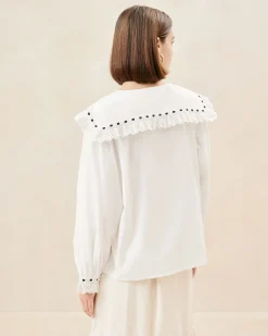 New Loeffler Randall Daisy Blue Broderie Collared Blouse Blue/Cream Stripe