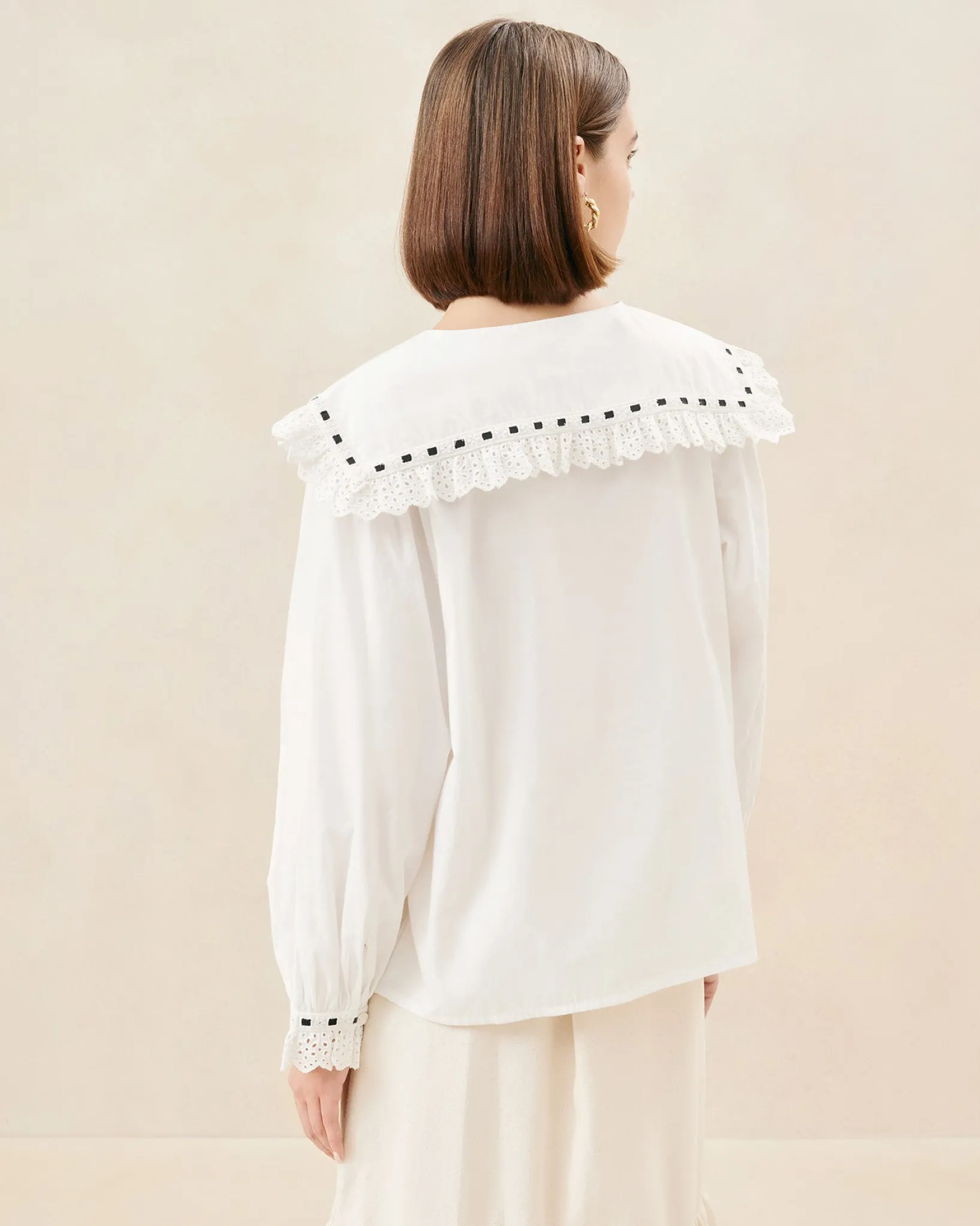 New Loeffler Randall Daisy Blue Broderie Collared Blouse Blue/Cream Stripe