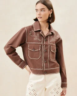 New Loeffler Randall Elijah Espresso Studded Denim Jacket Espresso /><noscript><img width=