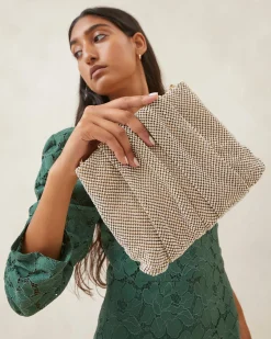 New Loeffler Randall Ember Gold Diamanté Gathered Clutch Gold /><noscript><img width=