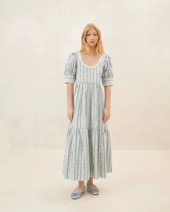 Outlet Loeffler Randall Gillian Blue Floral Puff-Sleeve Dress Cream/Blue Wavy Floral