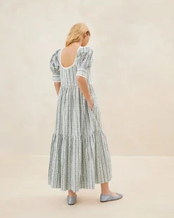 Outlet Loeffler Randall Gillian Blue Floral Puff-Sleeve Dress Cream/Blue Wavy Floral