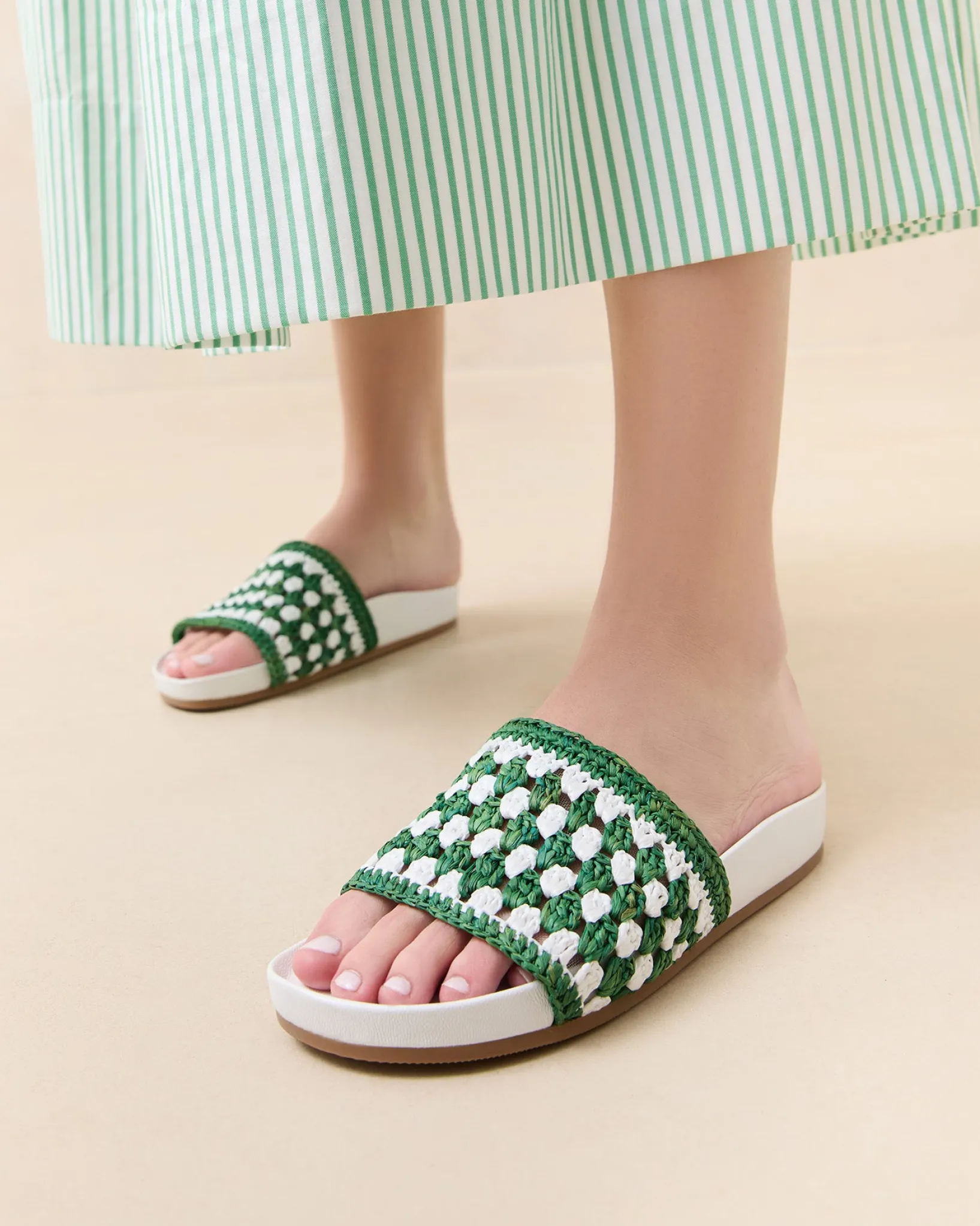 Hot Loeffler Randall Henri Green/White Crochet Raffia Sandal White/Green