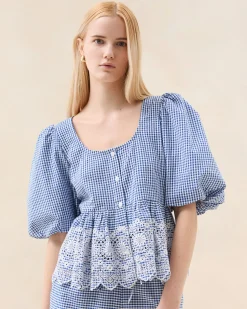 Clearance Loeffler Randall Jodie Blue Gingham Embroidered Top Blue Gingham />
