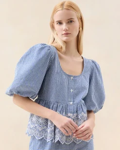 Clearance Loeffler Randall Jodie Blue Gingham Embroidered Top Blue Gingham />