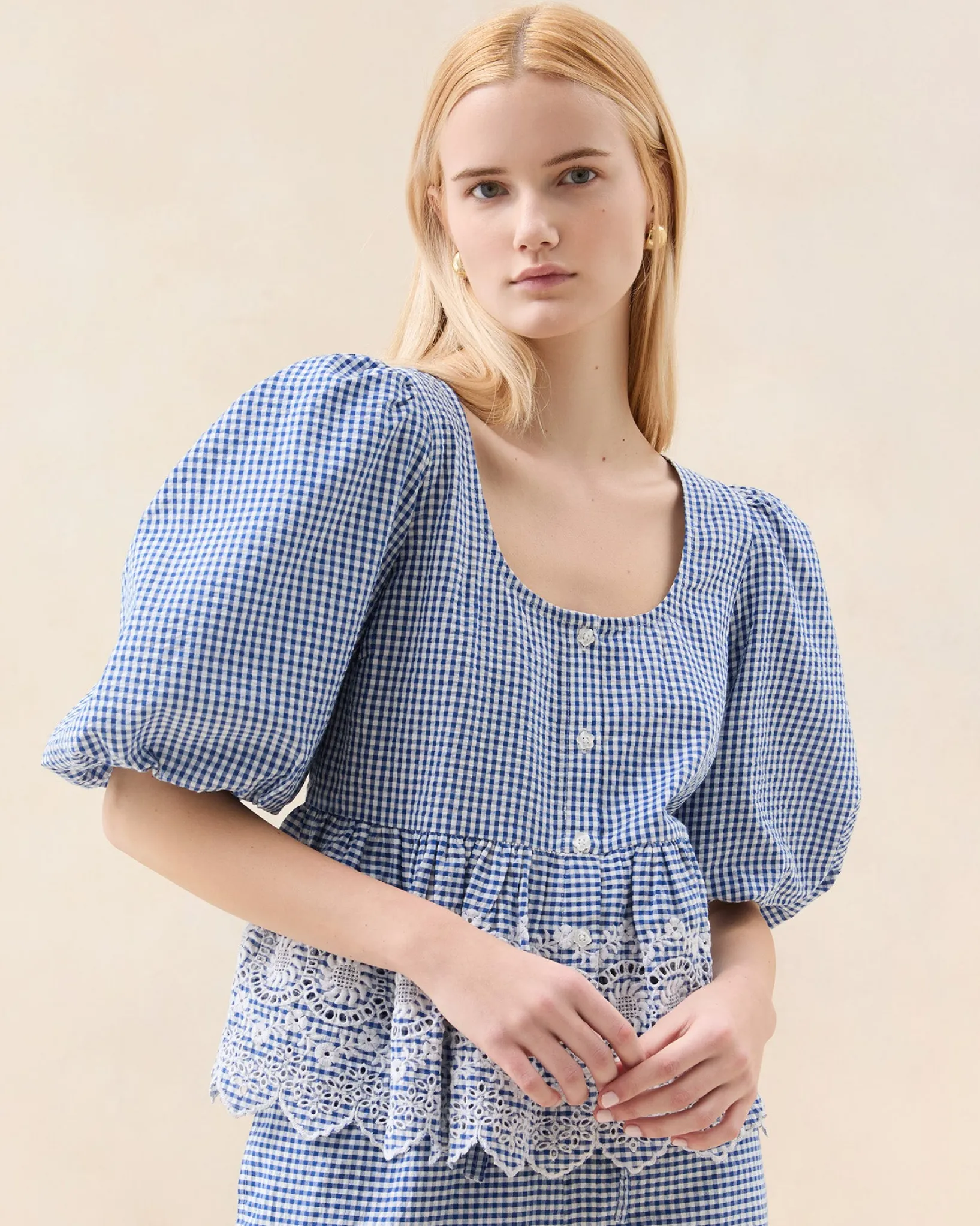 Clearance Loeffler Randall Jodie Blue Gingham Embroidered Top Blue Gingham />