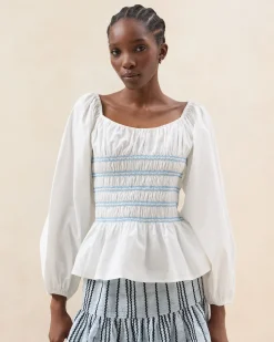 Loeffler Randall Julietta White Gathered Cotton Top White/Blue />
