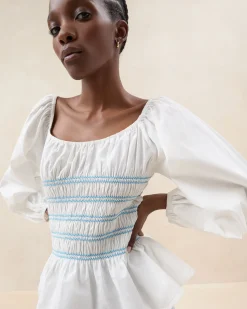 Loeffler Randall Julietta White Gathered Cotton Top White/Blue />