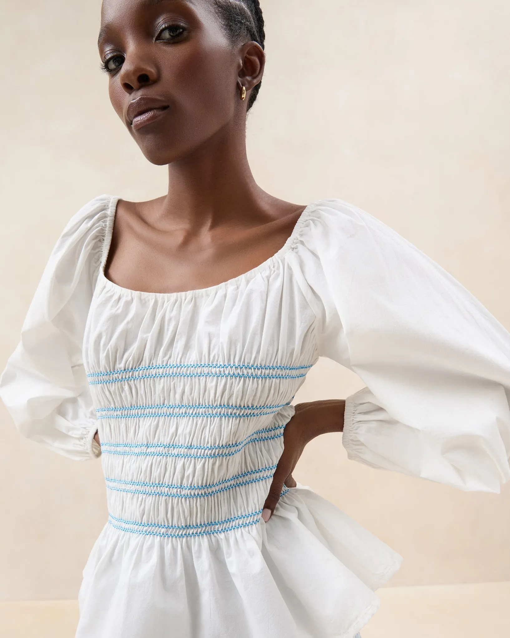 Loeffler Randall Julietta White Gathered Cotton Top White/Blue />