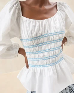 Loeffler Randall Julietta White Gathered Cotton Top White/Blue /><noscript><img width=