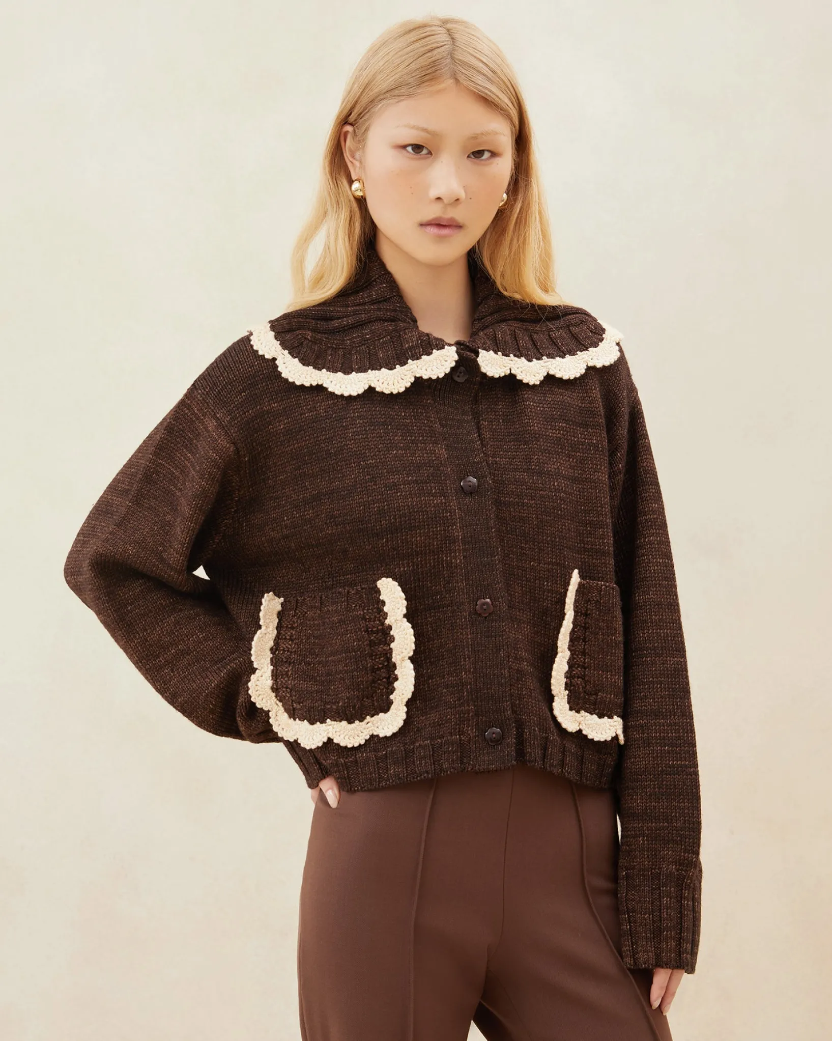 Sale Loeffler Randall Lo Brown/Cream Collared Cardigan Brown/Cream />