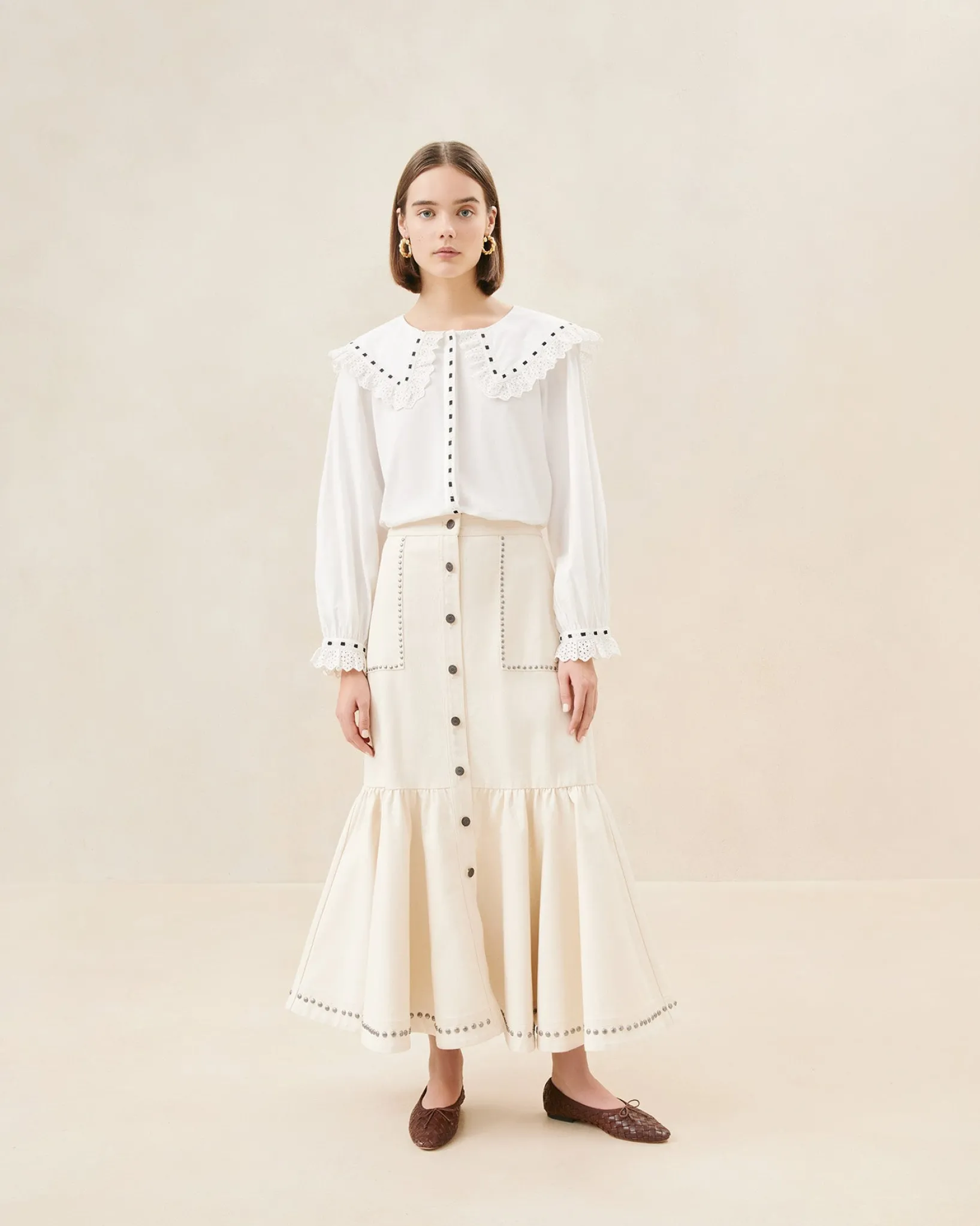 New Loeffler Randall Mateo Button-Front Skirt Natural