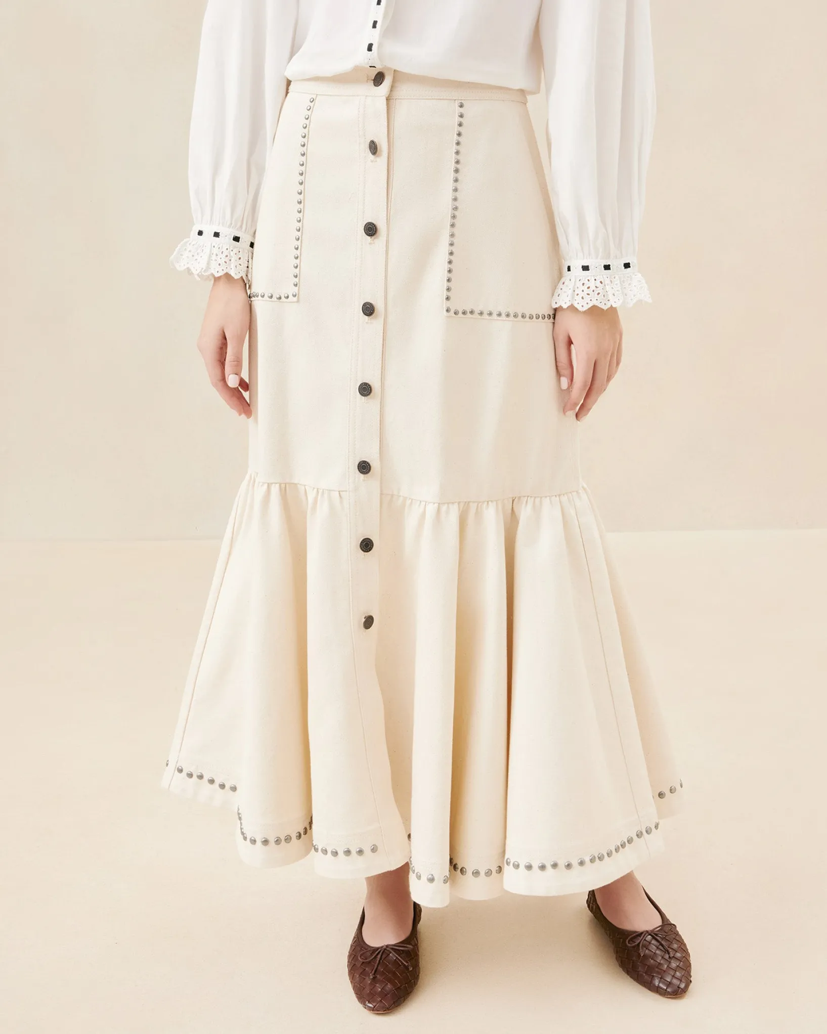New Loeffler Randall Mateo Button-Front Skirt Natural