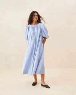 New Loeffler Randall Mimi Blue Puff-Sleeve Dress Blue/Cream Stripe