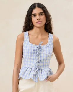 Online Loeffler Randall Pilar Blue Gingham Ruffle Top Blue/Cream Gingham