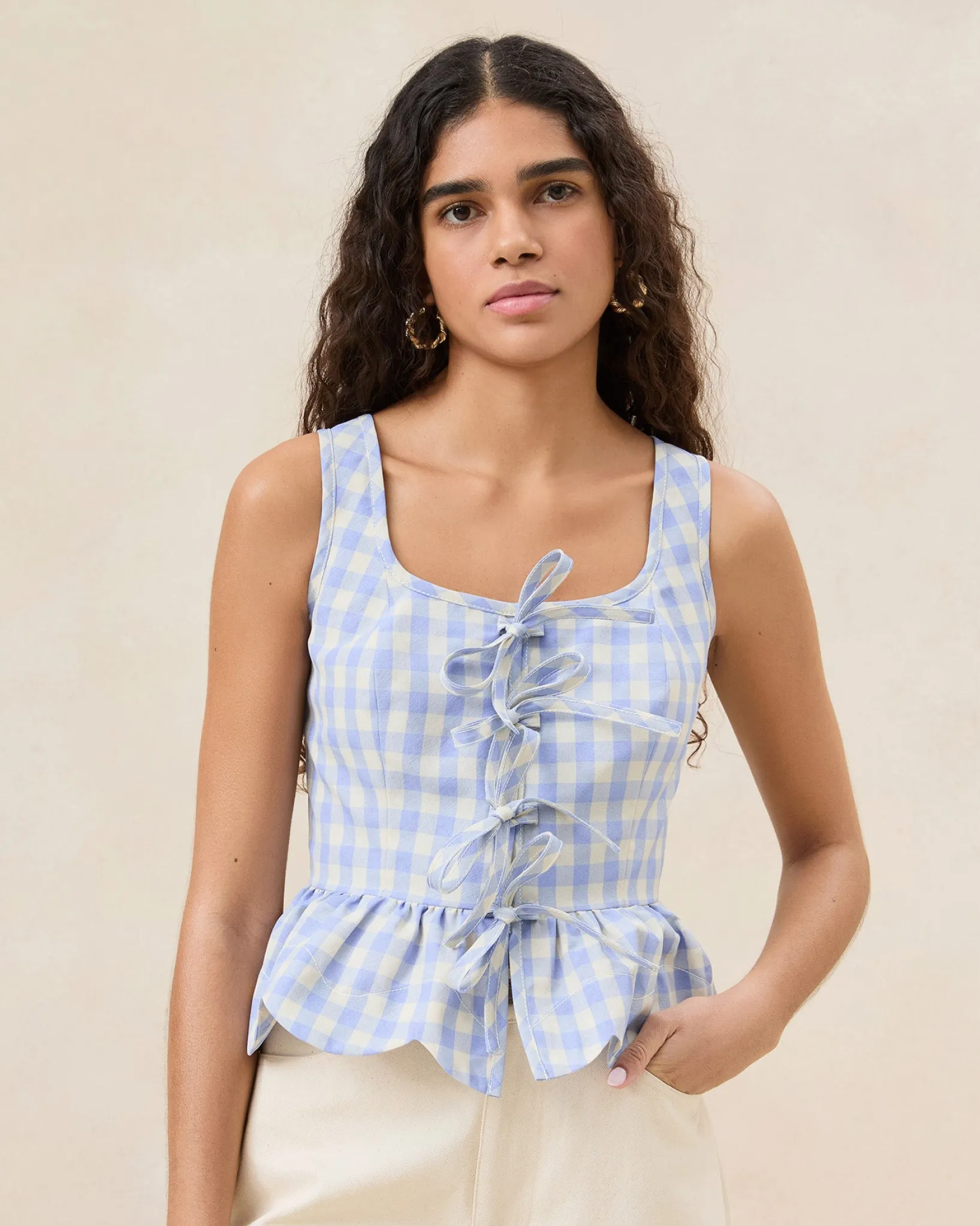 Online Loeffler Randall Pilar Blue Gingham Ruffle Top Blue/Cream Gingham