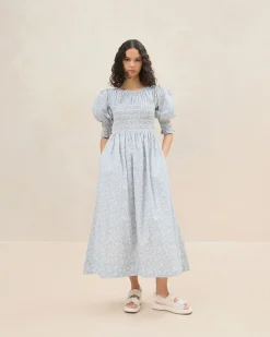 Hot Loeffler Randall Quinn Blue Floral Cinched Dress Dusty Blue/Cream Trailing Floral