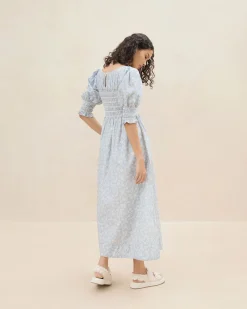 Hot Loeffler Randall Quinn Blue Floral Cinched Dress Dusty Blue/Cream Trailing Floral
