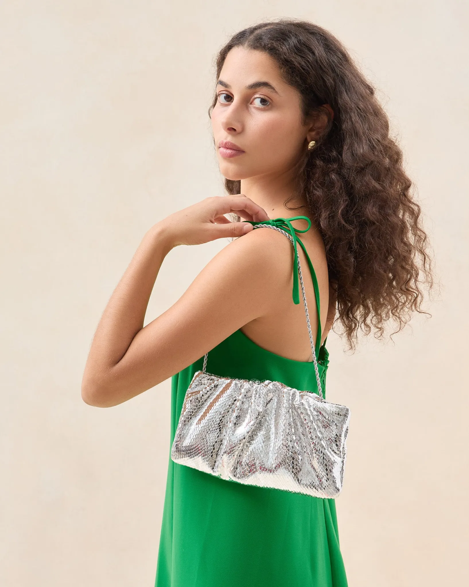Loeffler Randall Serena Silver Gathered Leather Clutch Silver />